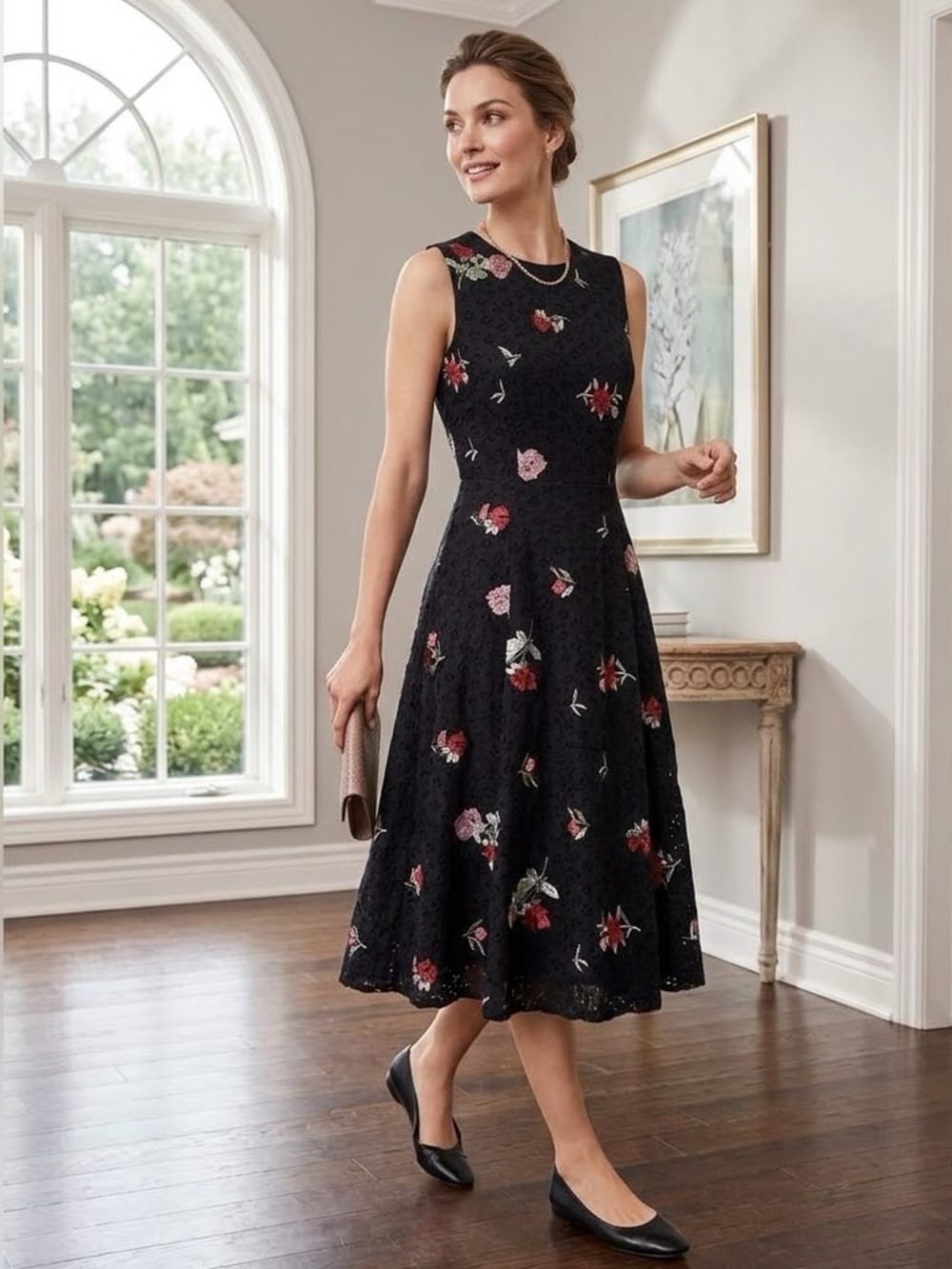 CALVIN KLEIN Sleeveless Floral Eyelet Fit & Flare Dress with Embroidery - Size 6
